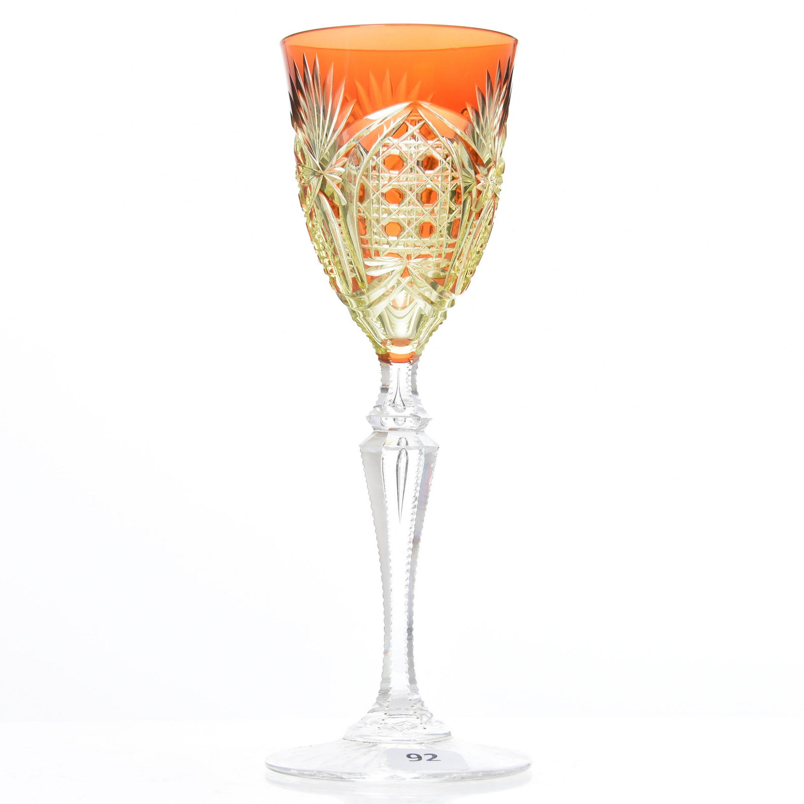 Wine Stem, Val St. Lambert: Wine Stem by Val St. Lambert, BPCG, 8.25" Cranberry Cut to Vaseline, Richepin Pattern, circa 1920, Double Teardrop Stem, Ray Cut Foot
