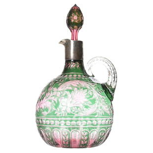 Handled Decanter, Stevens & Williams: Handled Decanter by Stevens & Williams, BPCG, 9.75" Green Cut to Rose Overlay Engraved with Elaborate Floral Design; Silver Spout with English Hallmarks for Hukin & Heath, circa 1898; Colored Pattern