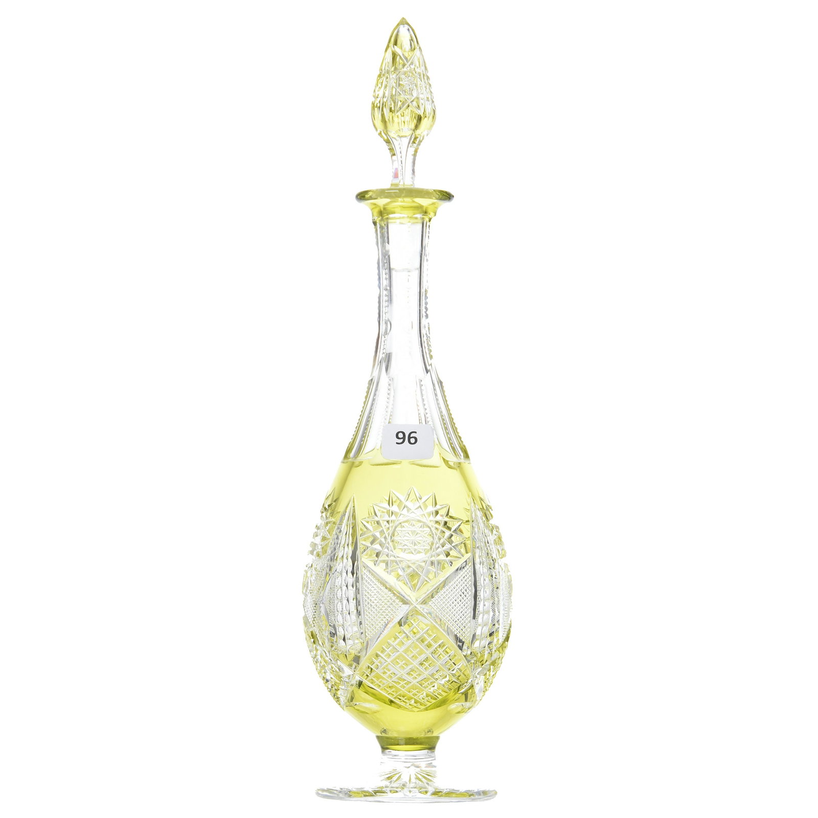 Pedestal Decanter, Val St. Lambert: Pedestal Decanter by Val St. Lambert, BPCG, 13.25" Yellow Cut to Clear, Design HF-173, Balmoral Shape, Matching Numbers on Bottle & Stopper
