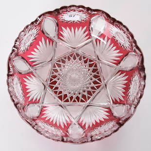 Bowl, Val St. Lambert: Bowl by Val St. Lambert, BPCG, 3.75" X 8" Cranberry Cut to Clear, Design #1897/13386, Circa 1908; Hobstar Center with Vesica, Fan & Hobstar Border; Nice Color