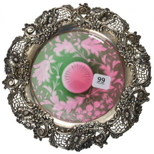 Novelty Dish, Stevens & Williams: Novelty Dish by Stevens & Williams, BPCG, 7" Green Cut to Rose Overlay with Engraved Floral & Leaf Design; Elaborate Embossed Sterling Silver Rim with Floral & Reticulated Design by Mauser Silver;