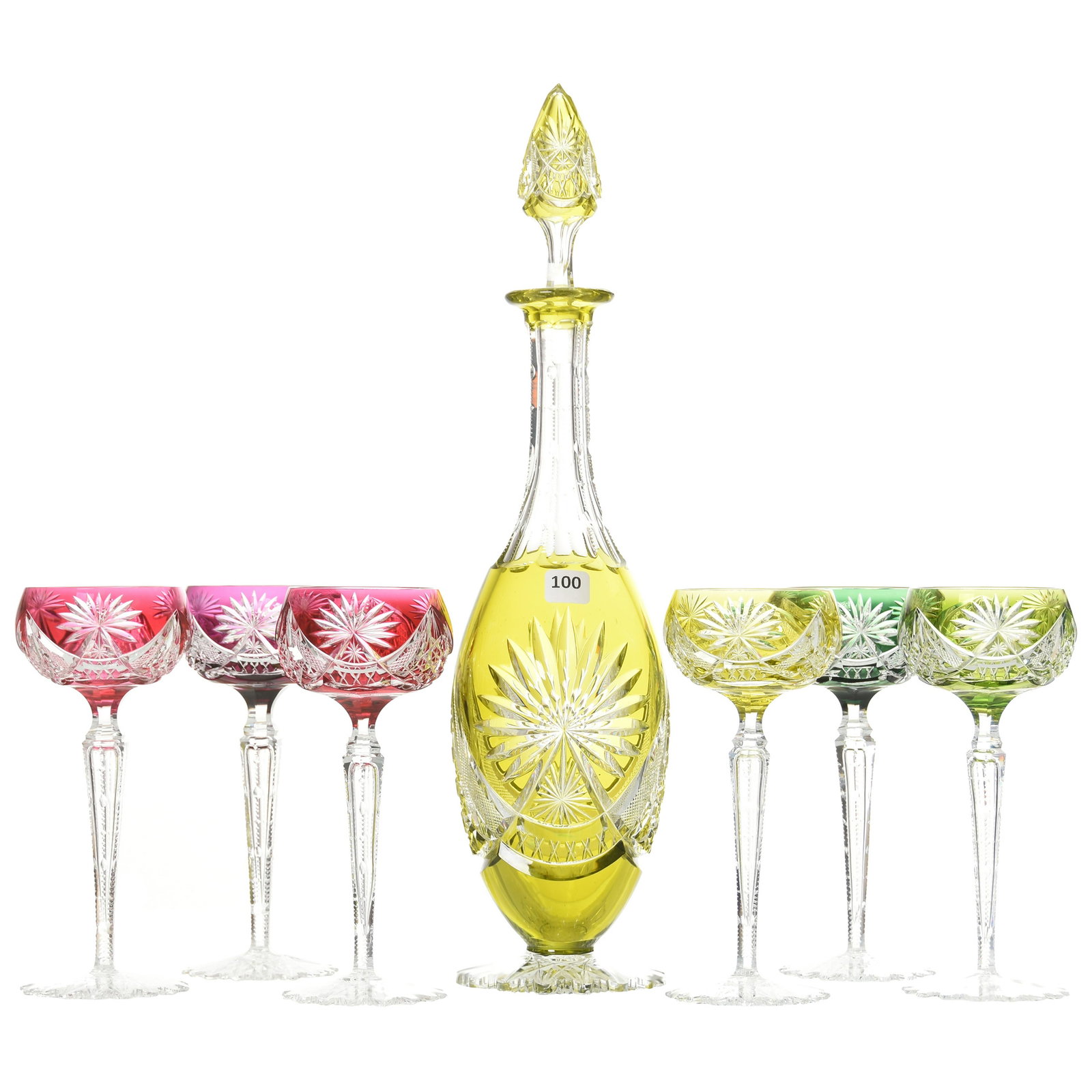 Pedestal Decanter Set, Val St. Lambert: Pedestal Decanter Set by Val St. Lambert, BPCG 17.5" Yellow Cut to Clear Decanter, Epinal Pattern, Balmoral Shape, Circa 1908, Matching Numbers on Bottle & Stopper, Scalloped Hobstar Foot; (6) 7.75" W