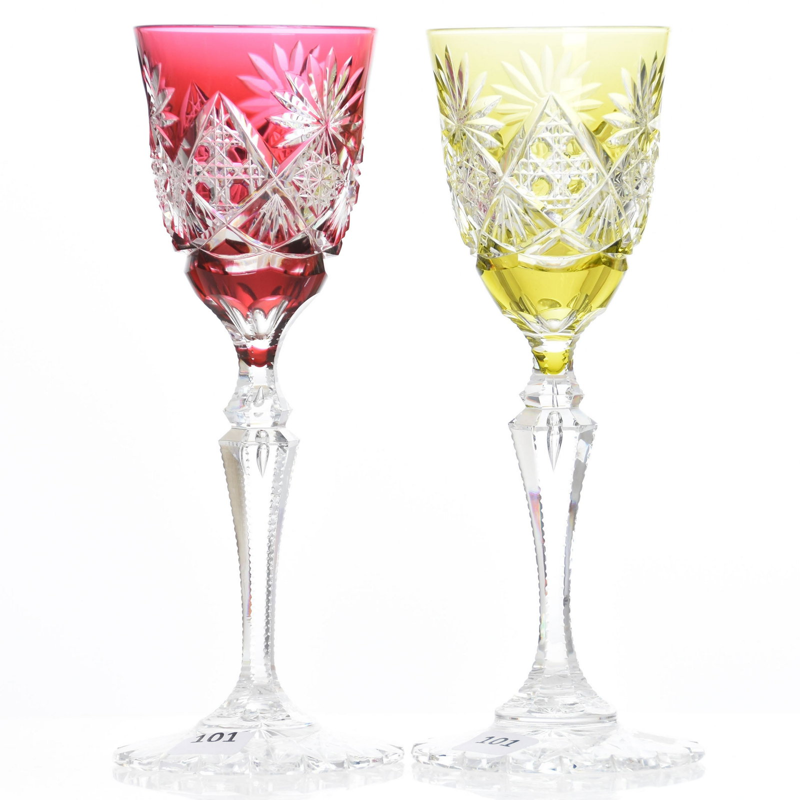 (2) Wine Stems, Val St. Lambert: (2) Wine Stems by Val St. Lambert, BPCG, 8.25" Design 3269/17, Saar Louis Shape, Circa 1905, Double Teardrop Stem, Scalloped Hobstar Foot; (1) Yellow; (1) Cranberry