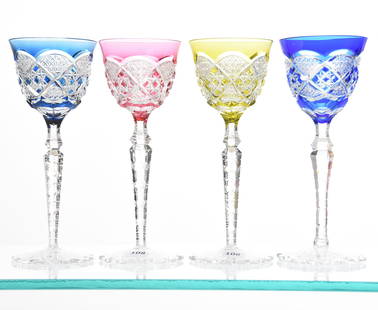 (4) Wine Stems, Val St. Lambert: (4) Wine Stems by Val St. Lambert, BPCG, 8.5" Verrept Pattern, Circa 1925; Notched Stem, Scalloped Hobstar Foot; (1) Rose, (1) French Blue, (1) Cobalt, (1) Yellow