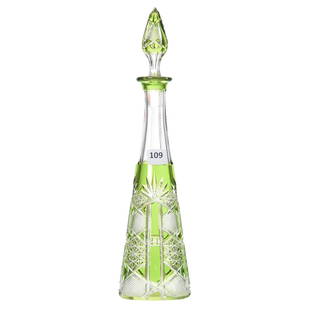 Cordial Decanter, Val St. Lambert: Cordial Decanter by Val St. Lambert, BPCG, 12.5" Green Cut to Clear, Design HF-184, Pyramid Shape, circa 1908, Matching Numbers on Bottle & Stopper, Ray Cut Base