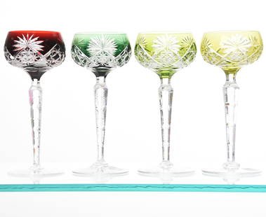 (4) Wine Stems, Val St. Lambert: (4) Wine Stems by Val St. Lambert, BPCG, 7.5" Design 3269/17, Model B Shape, Circa 1905, Notched Stem, Ray Cut Base; (1) Ruby, (1) Green, (1) Chartreuse, (1) Yellow