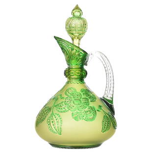 Handled Decanter Attributed to Stevens & Williams: Handled Decanter Attributed to Stevens & Williams, 9.5" Attributed Cutting by Famed S&W Artist Joshua Hodgett, BPCG, Green Cut to Yellow with Matte Finish Background; Carved Blossom & Branch Motif;