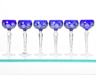 (6) Cordial Stems, Val St. Lambert: (6) Cordial Stems by Val St. Lambert, BPCG, 5.25" Cobalt Blue Cut to Clear, Marconi Pattern, Notched Teardrop Stem, Ray Cut Foot