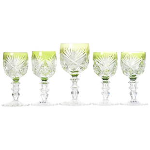 (5) Wine Stems, Val St. Lambert: (5) Wine Stems by Val St. Lambert, BPCG, 2 Sizes Green Cut to Clear, Florida Pattern, Apple Core & Teardrop Stem, Scalloped Hobstar Foot; (1) 5.25"; (4) 4.5"