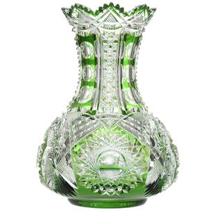 Vase, Dorflinger, ABCG: Fantastic Vase by Dorflinger, ABCG, 9.75" Highest Quality Green Cut to Clear in A Modified Montrose Pattern with Large Clear Hobstar Centers; Ray Cut Wafer Base; Exactly as Featured in Rarities, pg.