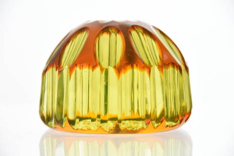 Paperweight, Val St. Lambert: Paperweight by Val St. Lambert, BPCG, 2.25" X 3.25" Amber Cut to Vaseline, Greeley Pattern, Circa 1920, Hobstar Base