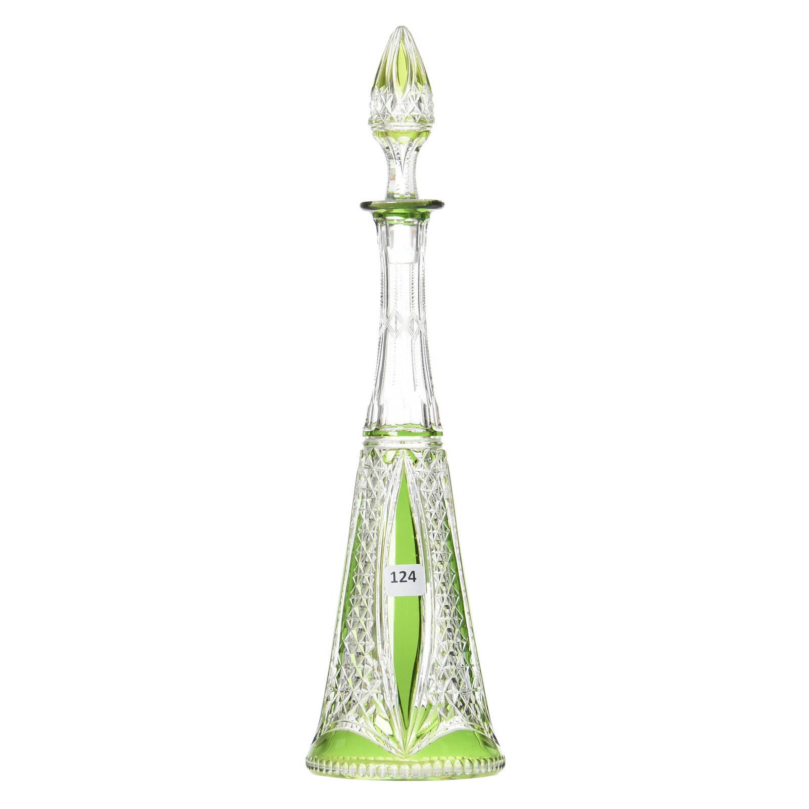 Decanter, Val St. Lambert: Decanter by Val St. Lambert, BPCG, 16.5" Green Cut to Clear, Sabine Pattern, Circa 1908; Pyramid Shaped, Hobstar Base
