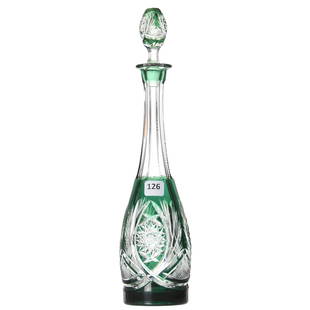 Cordial Decanter, Val St. Lambert: Cordial Decanter by Val St. Lambert, BPCG, 13" Emerald Green Cut to Clear, Elsie Pattern, Circa 1910, Matching Numbers on Bottle & Stopper; Hobstar Base