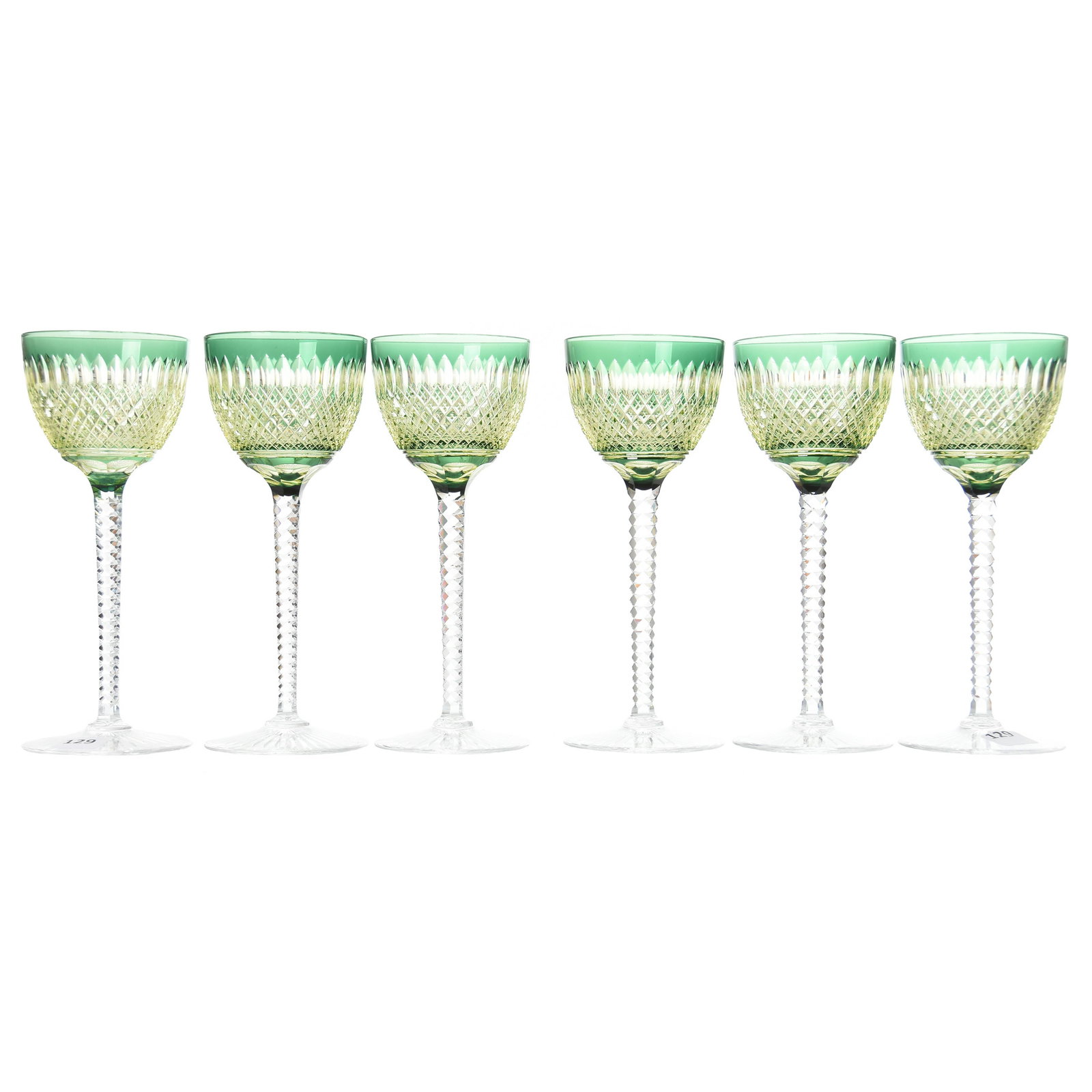 (6) Wine Stems, Val St. Lambert: (6) Wine Stems by Val St. Lambert, BPCG, 7.5" Green Cut to Vaseline Cut to Clear, Boris Pattern, Circa 1920, Diamond Notched Stem, Ray Foot