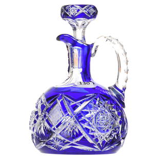 Ship's Decanter, Val St. Lambert: Ship's Decanter by Val St. Lambert, BPCG, 8" Cobalt Blue Cut to Clear, Design 3863/17, Bulbous Shape, Circa 1908, Matching Numbers on Bottle & Stopper, Hobstar Base