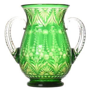 Two Handled Loving Cup, Stevens & Williams: Two Handled Vase/Loving Cup by Stevens & Williams 8.75" Green Overlay Cut to Yellow; Nicely Engraved Garland, Floral & Ribbon Design; Clear Applied Notched Hollow Handles, Ray Cut Base