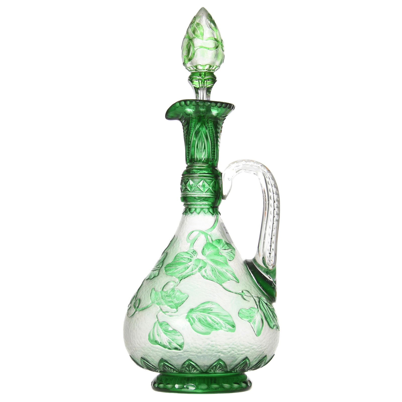 Handled Decanter, Stevens & Williams: Handled Decanter by Stevens & Williams, Attributed Cutting by Famed S&W Artist Joshua Hodgett, BPCG, 12" Emerald Green Cut to Clear, Cameo Carved Leaf & Vine Decor on Frosted Background; Pattern Match