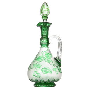 Handled Decanter, Stevens & Williams: Handled Decanter by Stevens & Williams, Attributed Cutting by Famed S&W Artist Joshua Hodgett, BPCG, 12" Emerald Green Cut to Clear, Cameo Carved Leaf & Vine Decor on Frosted Background; Pattern