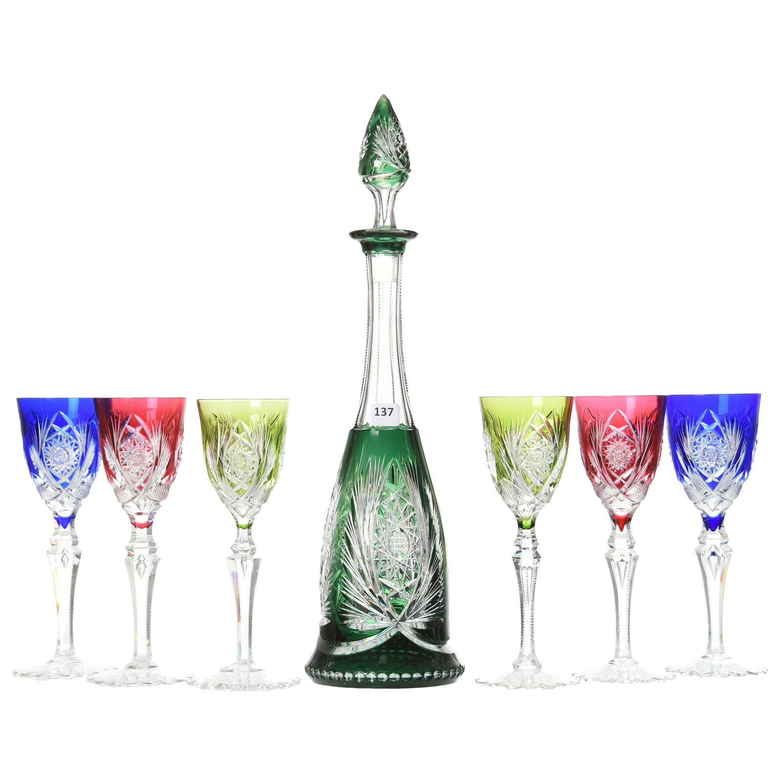 Decanter Set, Val St. Lambert: Decanter Set by Val St. Lambert, BPCG, 17.25" Emerald Green Cut to Clear, Elsie Pattern, Circa 1910, Hobstar Base; (6) 8.5" Wine Stems (2) Cobalt Blue; (2) Green; (2) Cranberry Each with Tear Drop Ste