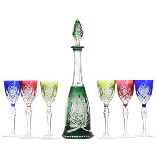 Decanter Set, Val St. Lambert: Decanter Set by Val St. Lambert, BPCG, 17.25" Emerald Green Cut to Clear, Elsie Pattern, Circa 1910, Hobstar Base; (6) 8.5" Wine Stems (2) Cobalt Blue; (2) Green; (2) Cranberry Each with Tear Drop