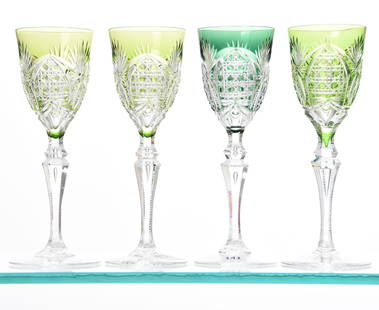 (4) Wine Stems, Val St. Lambert: (4) Wine Stems by Val St. Lambert, BPCG, 8.5" Richepin Pattern, Saar Louis Shape, Circa 1920, Double Teardrop Stem, Ray Base; (3) Green; (1) Emerald