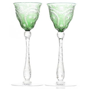 (2) Wine Stems Signed Webb: (2) Wine Stems Signed Webb, BPCG, 7.75" Green Cut to Clear, Beautiful Engraved Floral & Fern Motif with Pattern Cut Stem & Foot