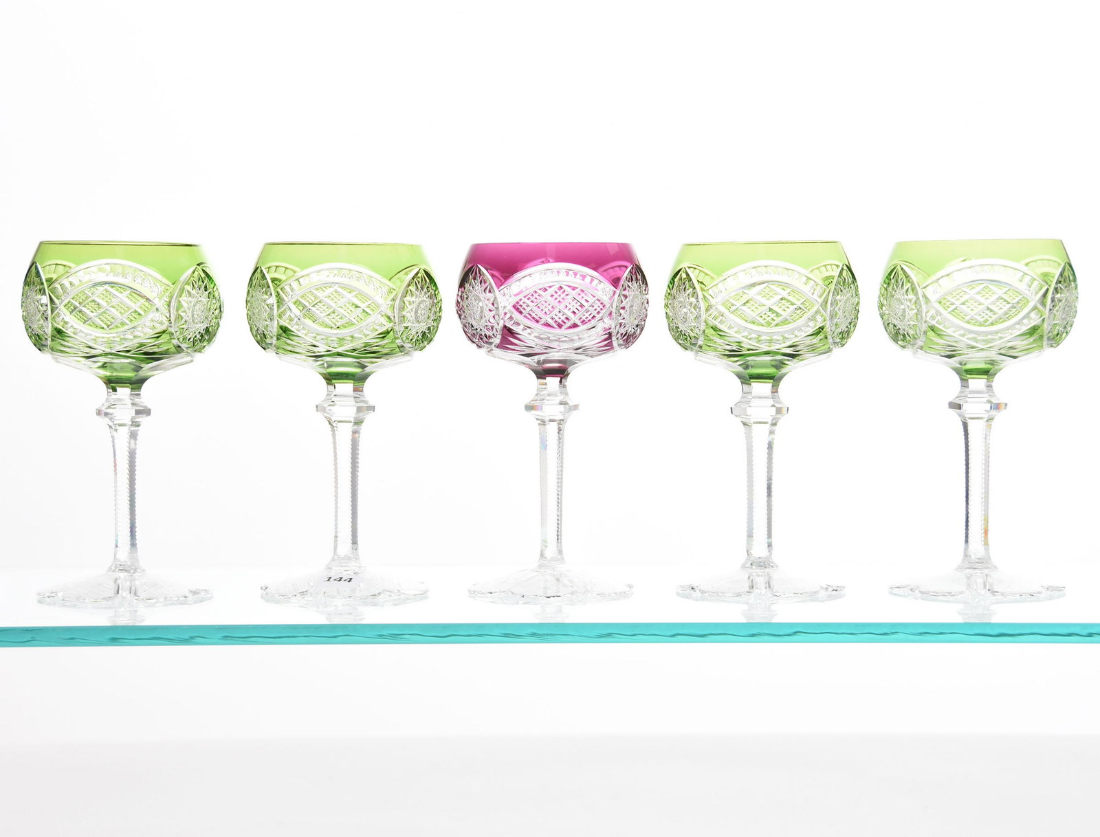 (5) Wine Stems, Val St. Lambert: (5) Wine Stems by Val St. Lambert, BPCG, 7" Heidelberg Pattern, circa 1905, Notched Stem, Scalloped Pattern Cut Foot; (4) Green, (1) Amethyst