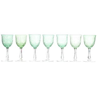 (7) Wine Stems, Dorflinger, ABCG: (7) Wine Stems by Dorflinger, ABCG, 5.75" Green Cut to Clear, Engraved Floral & Swirled Feather Design, Pattern Cut Foot