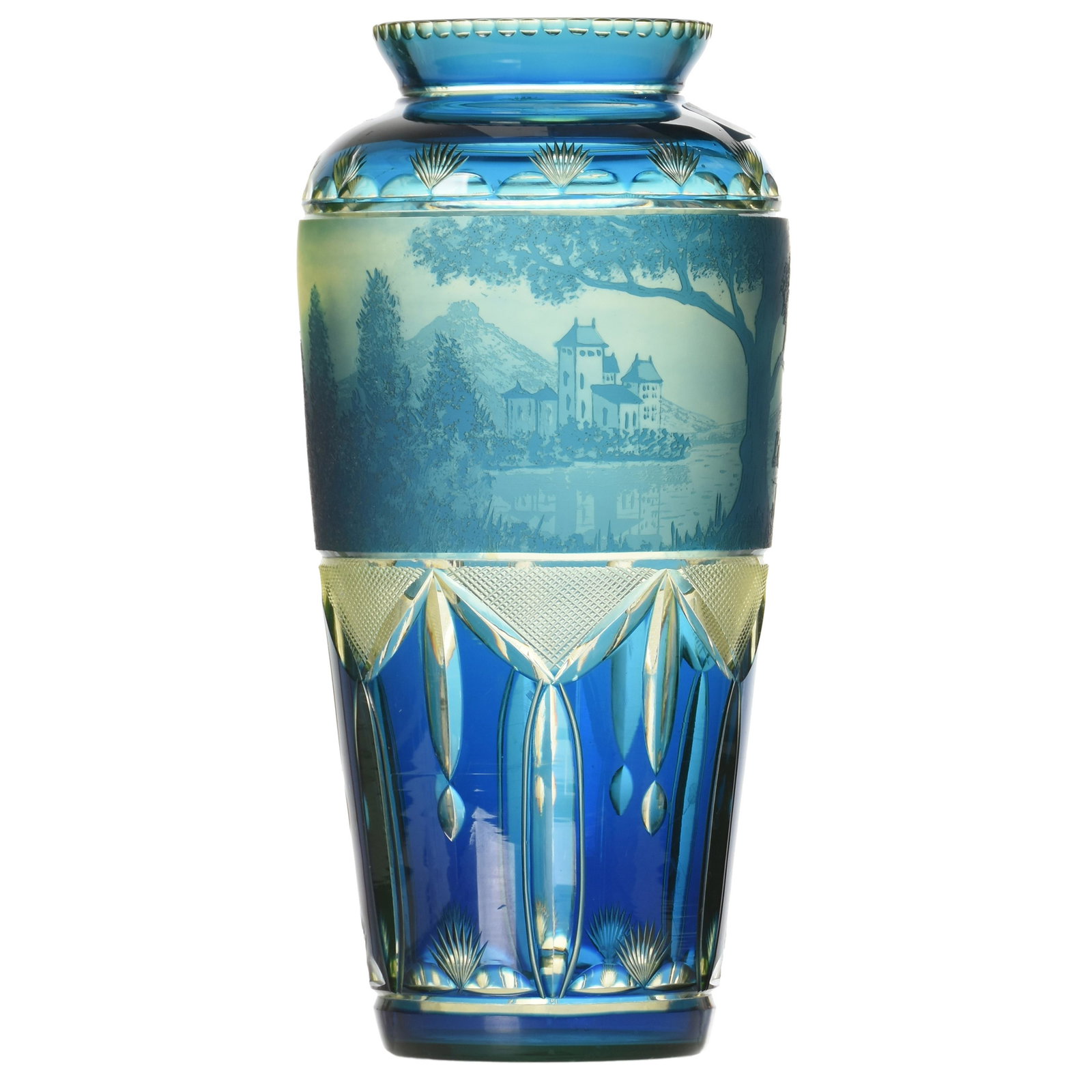 Cameo Vase Signed Val St. Lambert: Cameo Vase Signed Val St. Lambert, BPCG, 9.75" Blue Cut to Vaseline, Cameo Engraved "Chillon" Pattern Featuring Castle, Lake, Mountain & Trees Scenic Decor, Viennois Shape, Designed by Modeste Denoel,