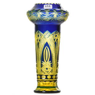 Vase, Val St. Lambert: Vase by Val St. Lambert, BPCG, 9.5" Cobalt Blue Cut to Vaseline, Ghent Pattern, Circa 1890; Unique Torch Shape; Wow!