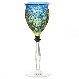 Wine Stem Attributed to Stevens & Williams: Wine Stem Attributed to Stevens & Williams, BPCG, 8" Blue Cut to Yellow Cut to Clear, Engraved Floral Fields with Diamond Highlights; Clear Stem & Ray Cut Foot