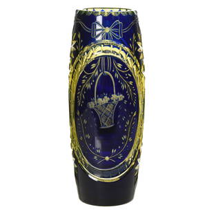 Vase, Val St. Lambert: Vase by Val St. Lambert, BPCG, 8" Cobalt Blue Cut to Vaseline, Ayotte Pattern, Circa 1890; Nice!