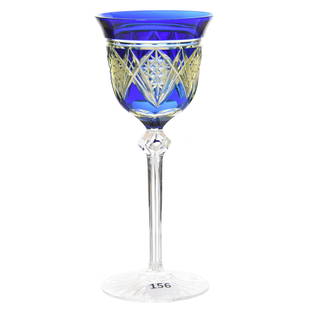 Wine Stem, Val St. Lambert: Wine Stem by Val St. Lambert, BPCG, 7.5" Cobalt Blue Cut to Vaseline, Ferber Pattern, circa 1925, Lapidary Cut Hollow Stem, Ray Cut Foot