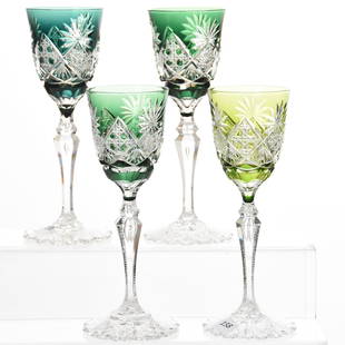 (4) Wine Stems, Val St. Lambert: (4) Wine Stems by Val St. Lambert, BPCG, 8.5" Design 3269/17, Double Teardrop Notched Stem, Scalloped Hobstar Foot; (3) Green, (1) Chartreuse