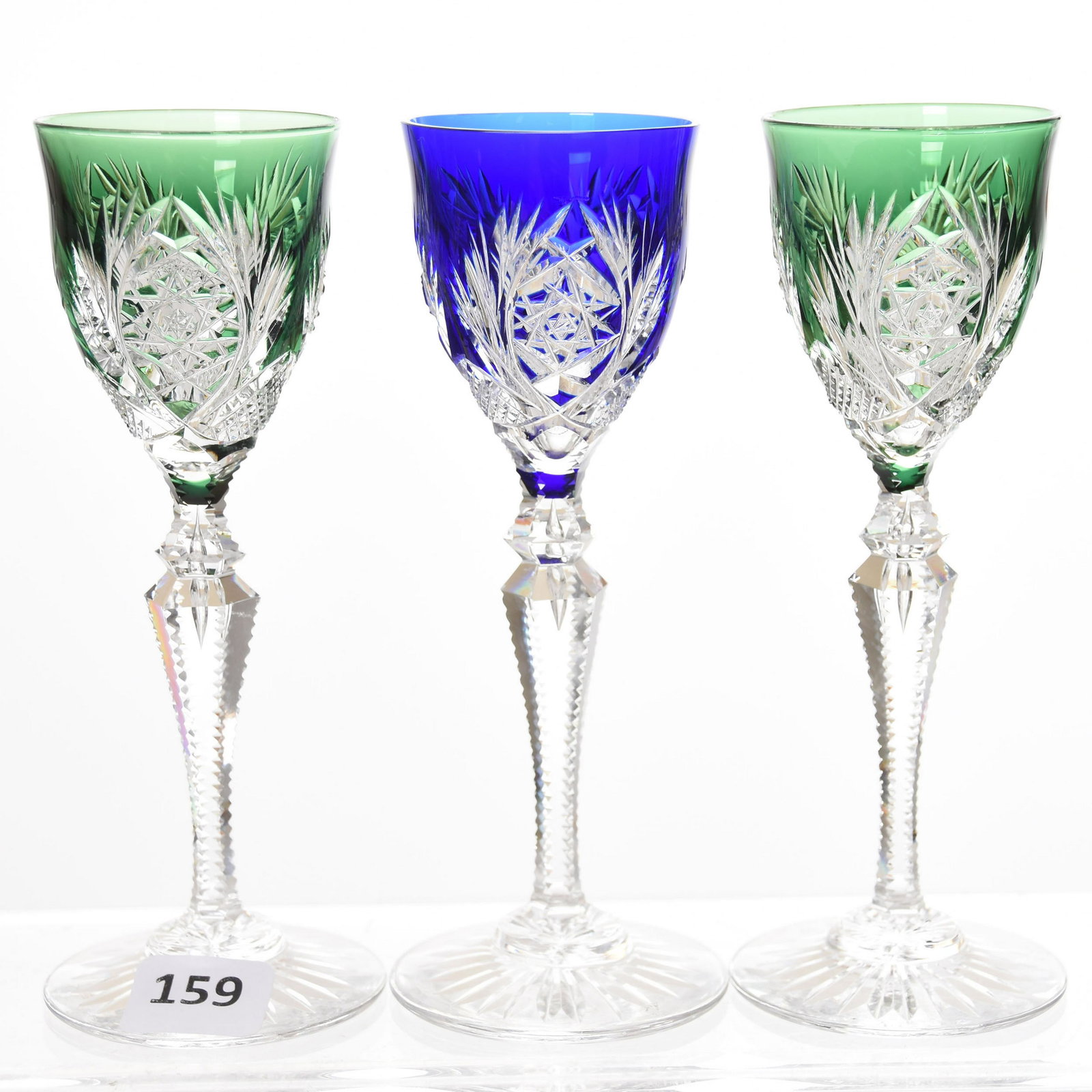 (3) Cordial Wine Stems, Val St. Lambert: (3) Cordial Wine Stems by Val St. Lambert, BPCG, 5.5" Elsie Pattern, Saar Louis Shape, circa 1910, Double Teardrop Notched Stem, Ray Cut Foot