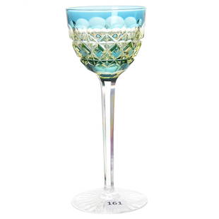 Wine Stem, Val St. Lambert: Wine Stem by Val St. Lambert, BPCG, 7.5" French Blue Cut to Vaseline, Carlton Pattern, circa 1925, Ray Cut Foot