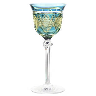 Wine Stem, Val St. Lambert: Wine Stem by Val St. Lambert, BPCG, 7.5" French Blue Cut to Vaseline, Ferber Pattern, circa 1925, Lapidary Cut Hollow Stem, Ray Cut Foot, Tiny Rim Nick