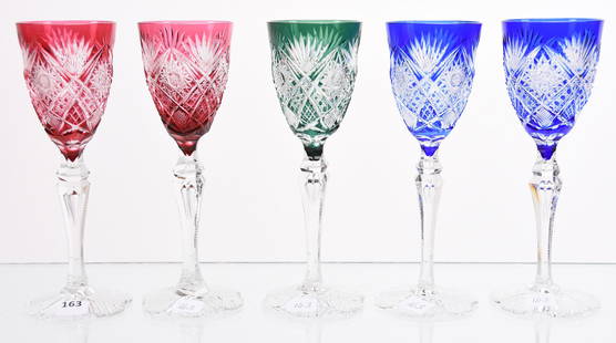 (5) Wine Stems, Val St. Lambert: (5) Wine Stems by Val St. Lambert, BPCG, 8.5" Belgica Pattern, circa 1905, Tear Drop Stem, Pattern Cut Scalloped Foot; (2) Cranberry; (1) Emerald; (2) Cobalt