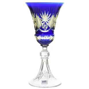 Chalice, Val St. Lambert: Chalice by Val St. Lambert, BPCG, 11" Cobalt Blue Cut to Vaseline, Emmet Pattern, Circa 1900, Clear Petticoat Foot; Nice! UPDATED 9-20-19 - Two Rim Repairs Have Been Located - See Additional Photos