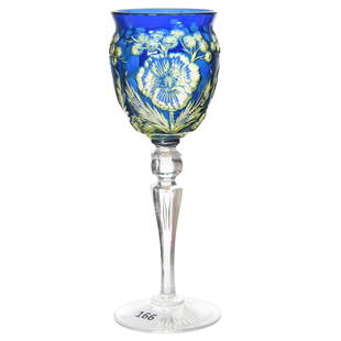 Wine Stem Attributed to Stevens & Williams: Wine Stem Attributed to Stevens & Williams, BPCG, 7.75" Cobalt Blue Cut to Yellow Cut to Clear; Finely Engraved Poppy Decor with Blossom Highlights; Ray Cut Foot