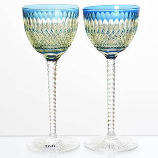 (2) Wine Stems, Val St. Lambert: (2) Wine Stems by Val St. Lambert, BPCG, 7.5" French Blue Cut to Vaseline, Boris Pattern, circa 1920; Diamond Cut Stem, Ray Cut Base