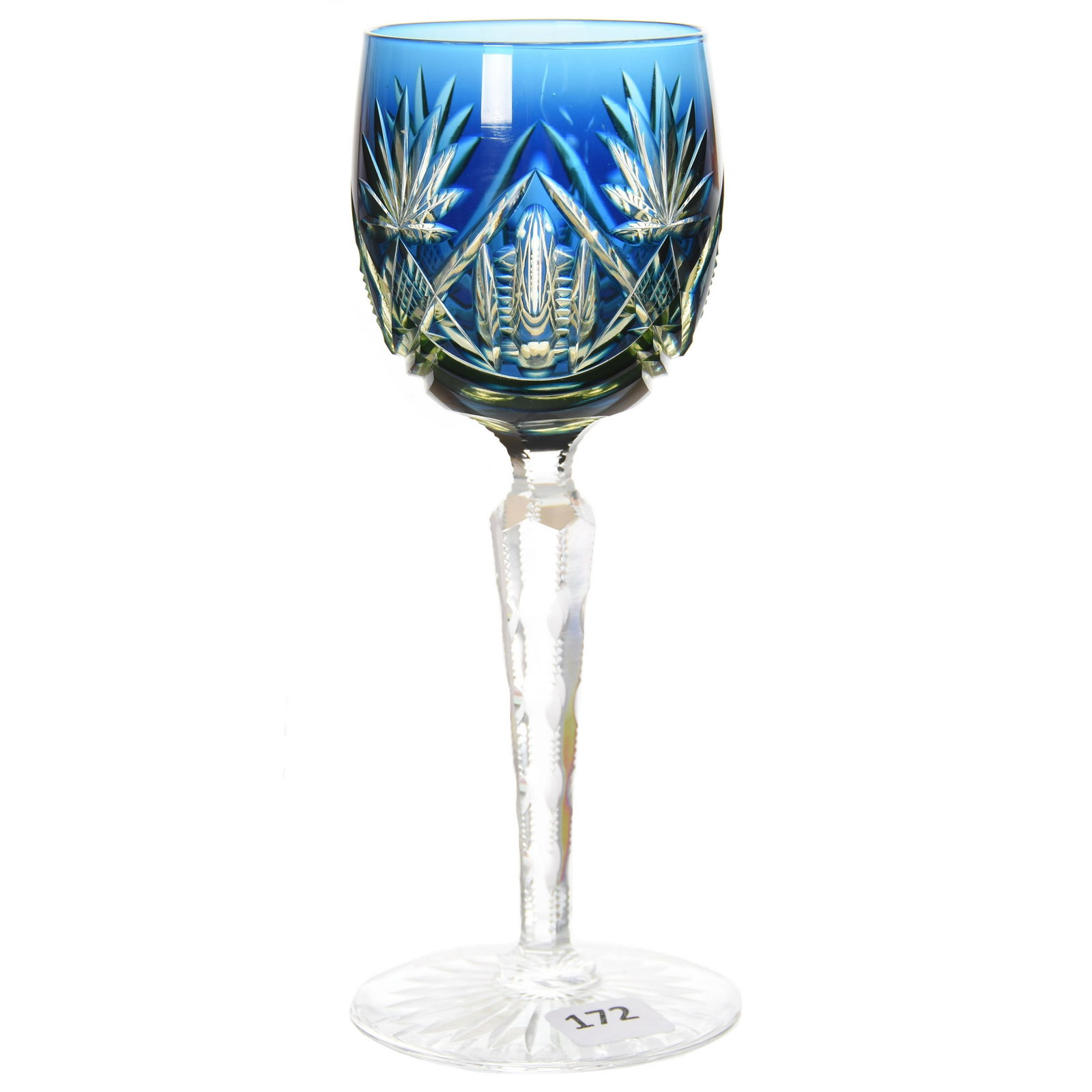 Wine Stem, Val St. Lambert: Wine Stem by Val St. Lambert, BPCG, 7.75" Cobalt Blue Cut to Vaseline, Lubin Pattern, circa 1905, Notched Stem, Ray Cut Foot