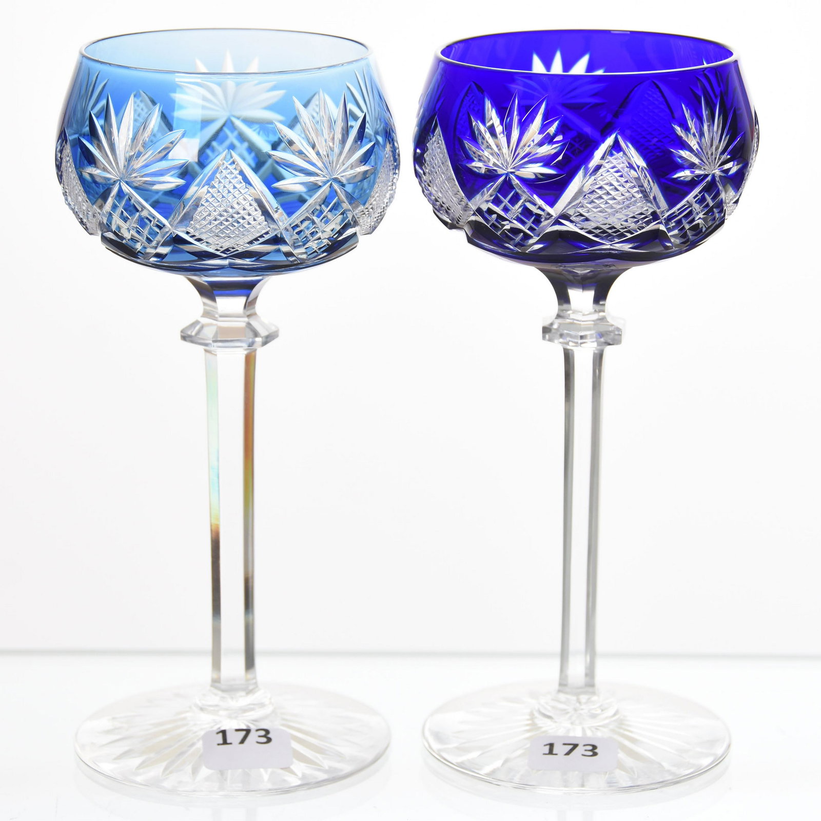 (2) Wine Stems, Val St. Lambert: (2) Wine Stems by Val St. Lambert, BPCG, 7.25" Eurydice Pattern, circa 1905, Berncastel Stem, Ray Cut Foot; (1) Cobalt, (1) French Blue