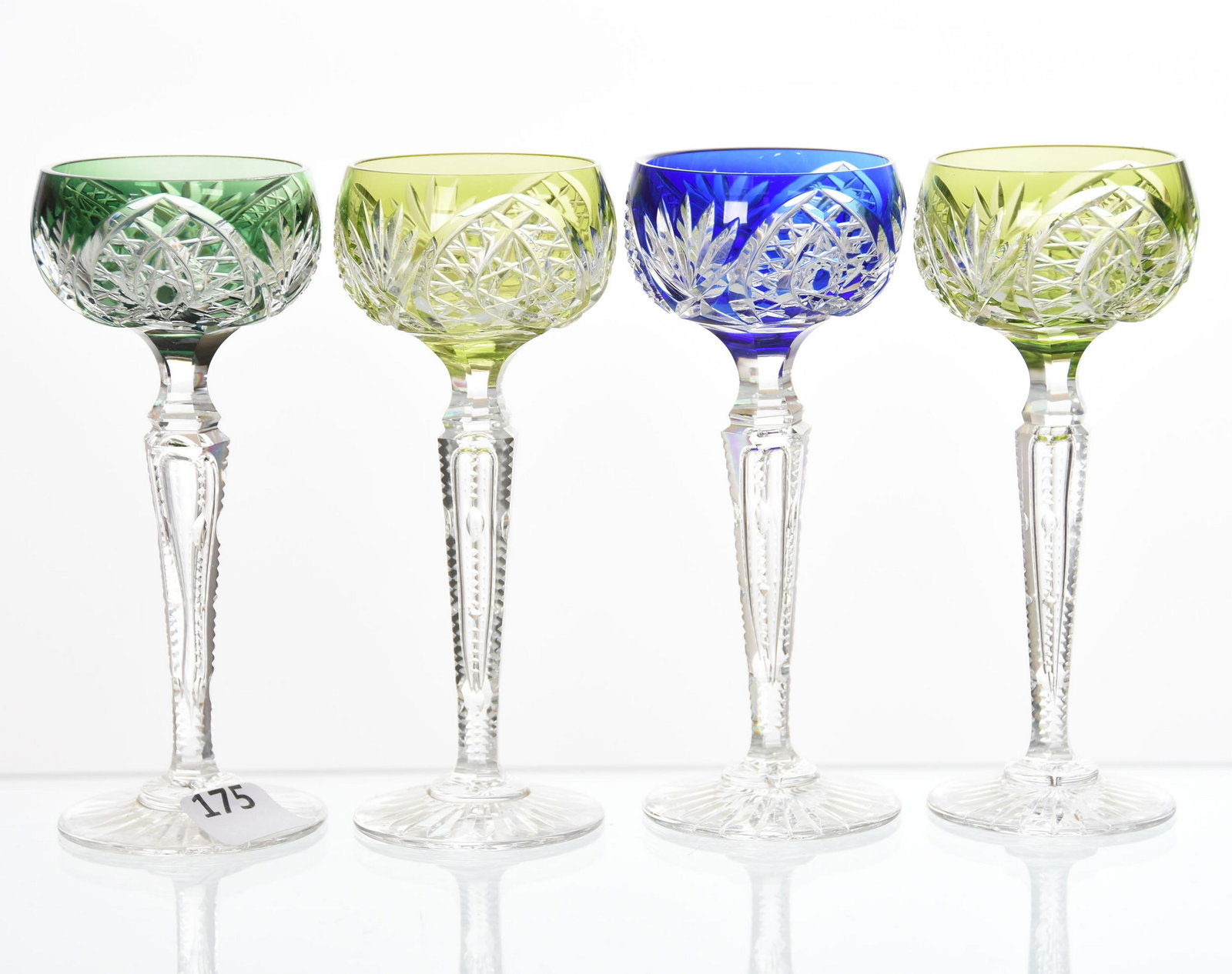 (4) Cordial Stems, Val St. Lambert: (4) Cordial Stems by Val St. Lambert, BPCG, 5.25" Design HF-164, Notched Hollow Stem, Ray Cut Foot; (1) Cobalt, (1) Green, (2) Chartreuse