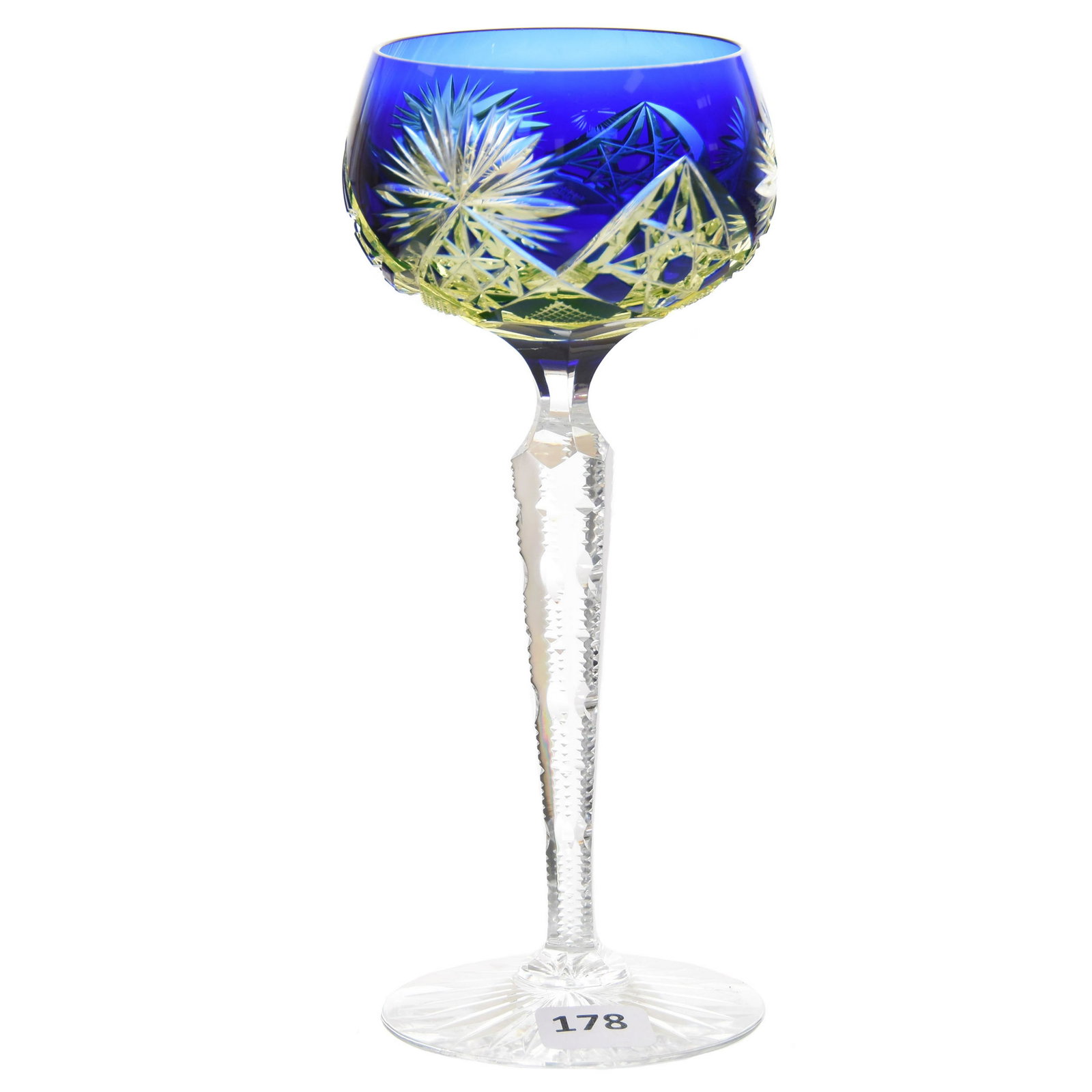 Wine Stem, Val St. Lambert: Wine Stem by Val St. Lambert, BPCG, 7.5" Cobalt Blue Cut to Vaseline, Design 3269/17, Circa 1905; Notched Stem, Ray Cut Foot