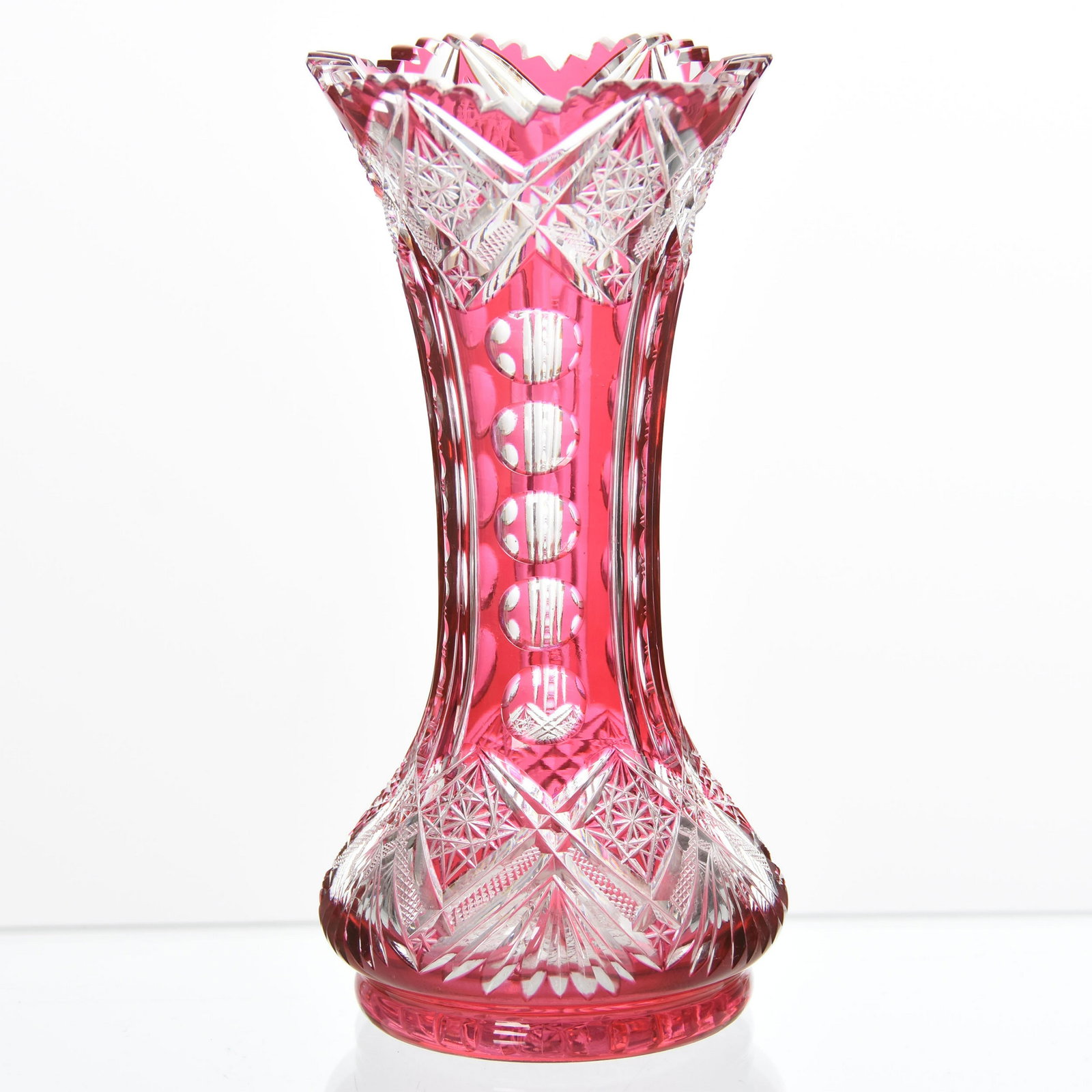 Vase, Val St. Lambert: Vase by Val St. Lambert, BPCG, 8" Cranberry Cut to Clear, Design 3613/17, Circa 1908; Hobstar Base