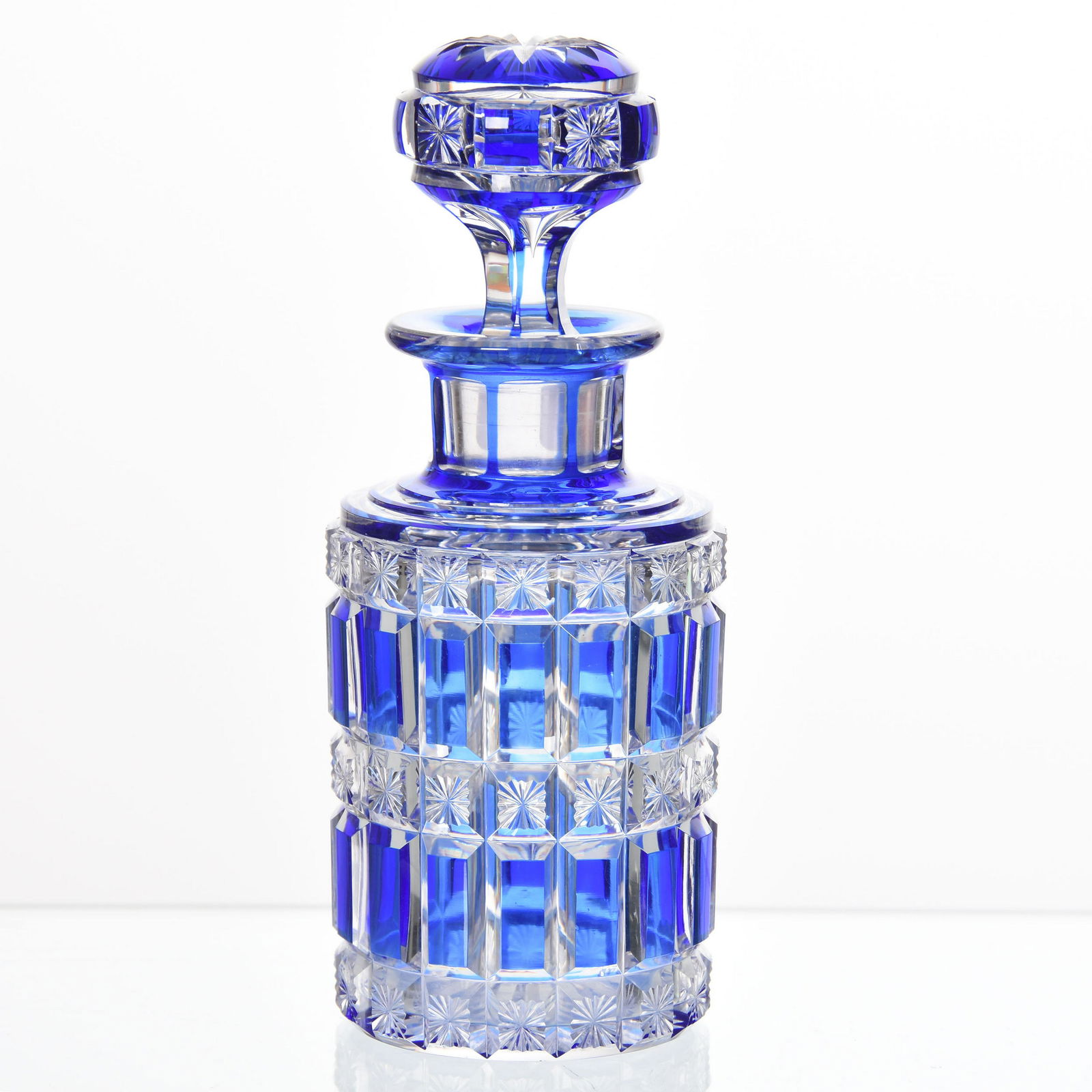 Cologne Bottle, Val St. Lambert: Cologne Bottle by Val St. Lambert, BPCG, 8.5" Cobalt Blue Cut to Clear, Panels & Stars Pattern, Circa 1900, Matching Numbers on Bottle & Stopper