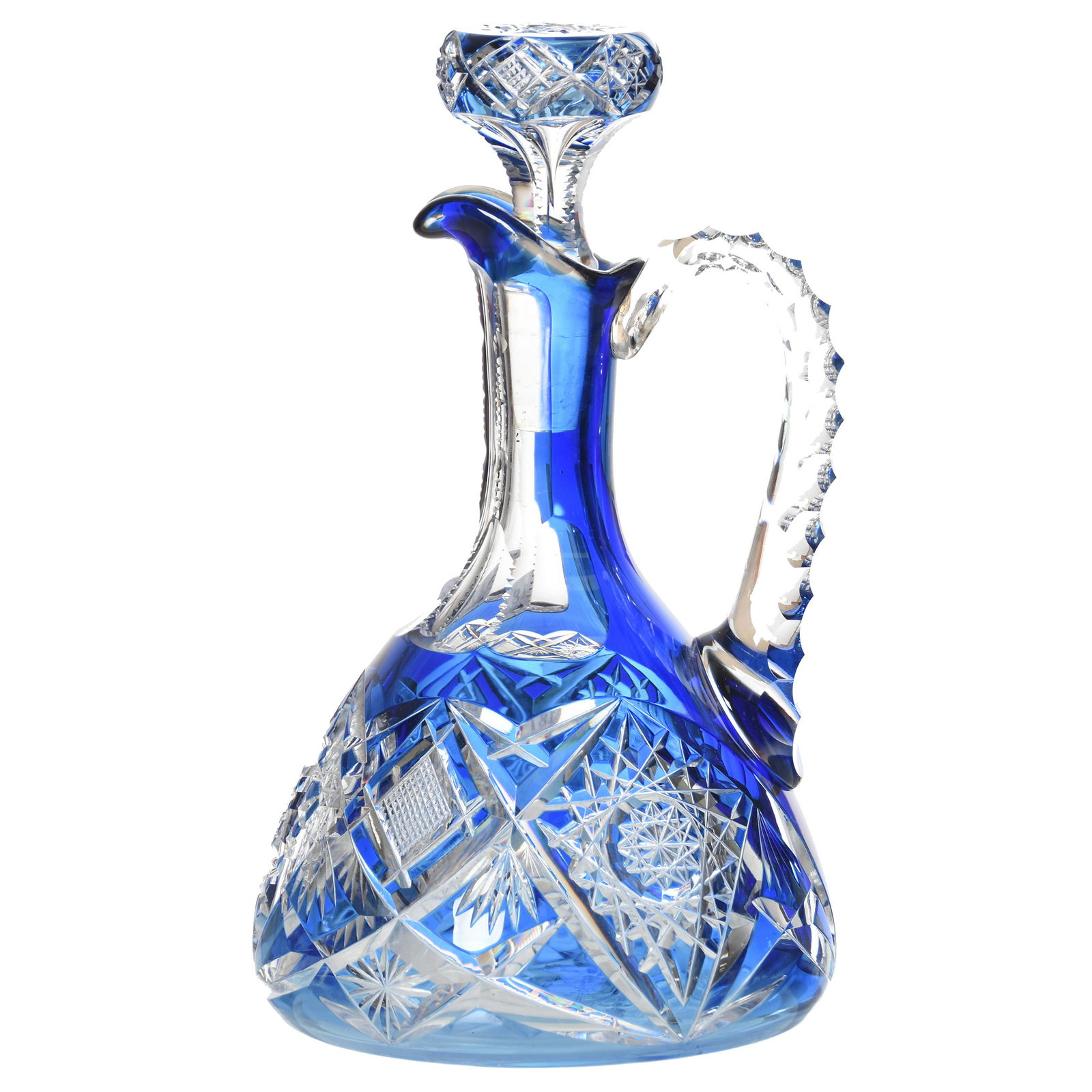 Ship's Decanter, Val St. Lambert: Ship's Decanter by Val St. Lambert, BPCG, 9" Cobalt Blue Cut to Clear, Design 3863/17, Flat Bottom Shape, Matching Numbers on Bottle & Stopper, Hobstar Base