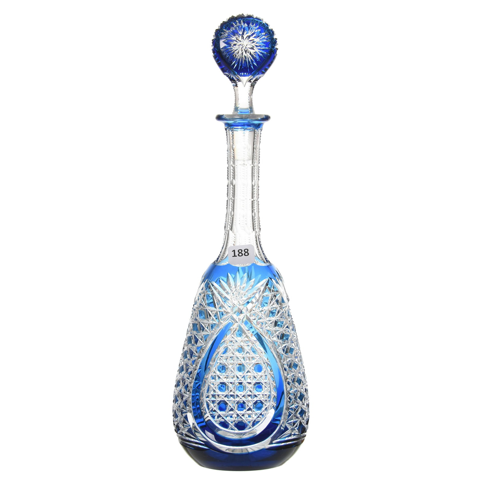 Decanter, Val St. Lambert: Decanter by Val St. Lambert, BPCG, 15" French Blue Cut to Clear, Tosca Pattern, circa 1908, Matching Numbers on Bottle & Stopper, Ray Cut Base