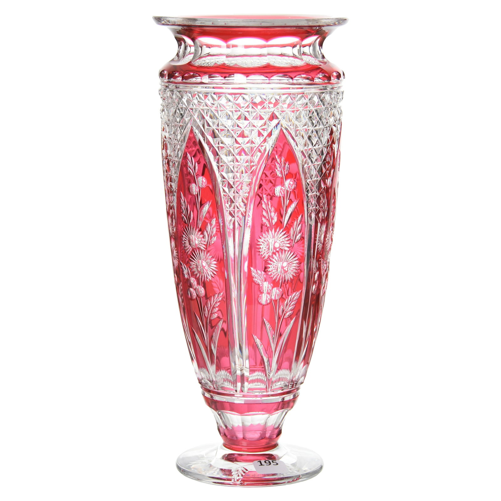 Pedestal Vase, Val St. Lambert: Pedestal Vase by Val St. Lambert, BPCG, 12" Cranberry Cut to Clear, Unknown Design of Diamond & Engraved Floral, Florence Shape, Circa 1925
